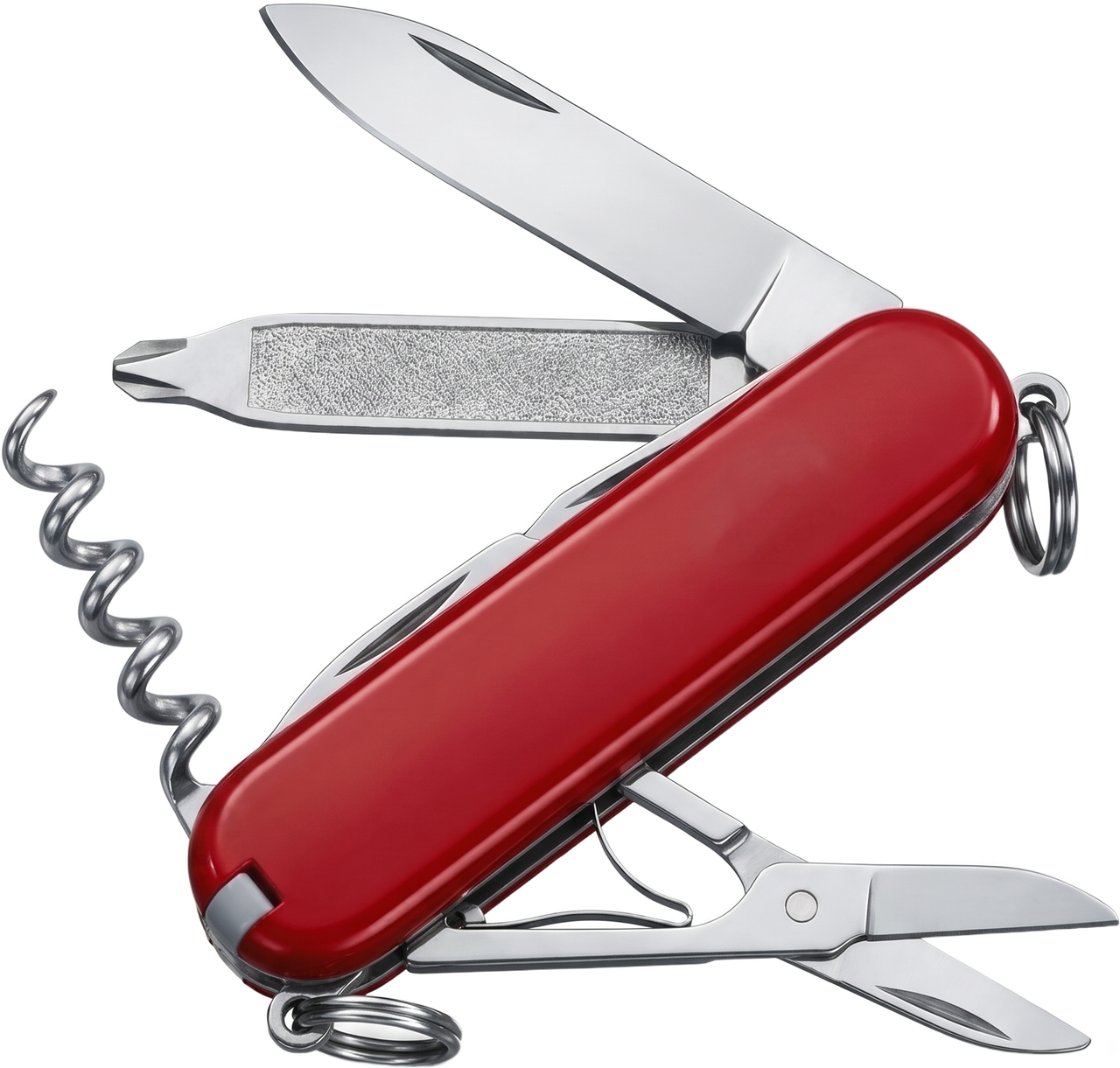 A classic red multi-tool pocketknife, fanned open: blade, screwdriver, scissors, and corkscrew
