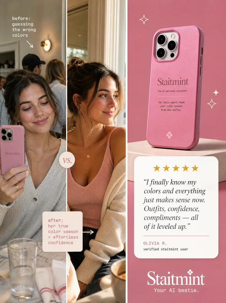 Staitmint before/after color-season ad — the same woman styled in wrong colors versus her true season, with a five-star testimonial