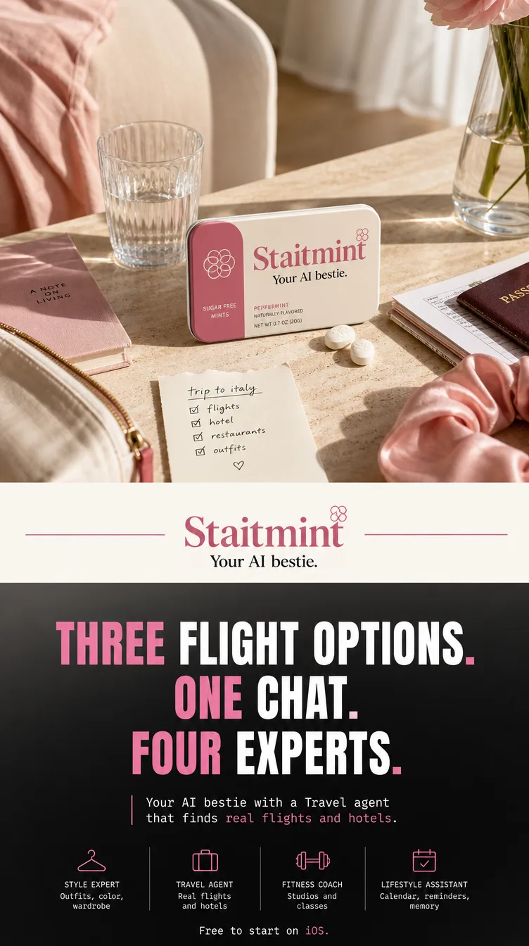 Staitmint static ad — sugar-free mints tin on a travel-planning table, with the Travel Agent pitch
